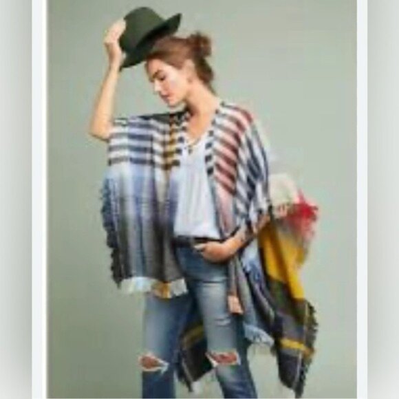 Anthropologie By Anthropologie – Colorful Striped Wool Blend Fringe Ruana Poncho - Picture 15 of 16